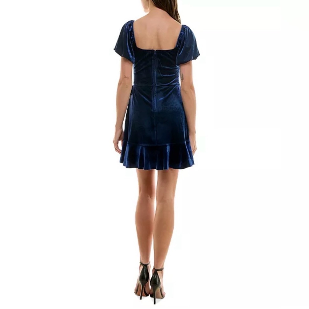 Trixxi Juniors' Puff-Sleeve Faux-Wrap Velvet Dress Blue NWT Prom Occasion Party - Picture 2 of 9